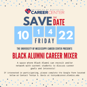 hand shaking logo with block text describing Black alumni career mixer