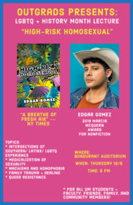 Pink background with text and image of book cover and image of Edgar Gomez