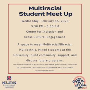 Red square with information in center about multiracial student meet up