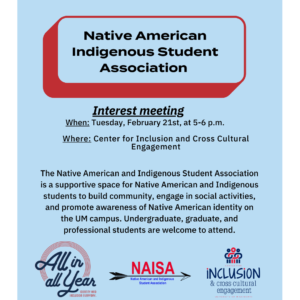 blue background with a red outlined box with the words Native American Indigenous Student Association