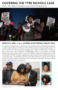 photo of community members protesting at top of the page and photo of Tyre Nichols family members at bottom of page, along with photos of the featured event speakers adjacent. Event description in the middle of these photos.